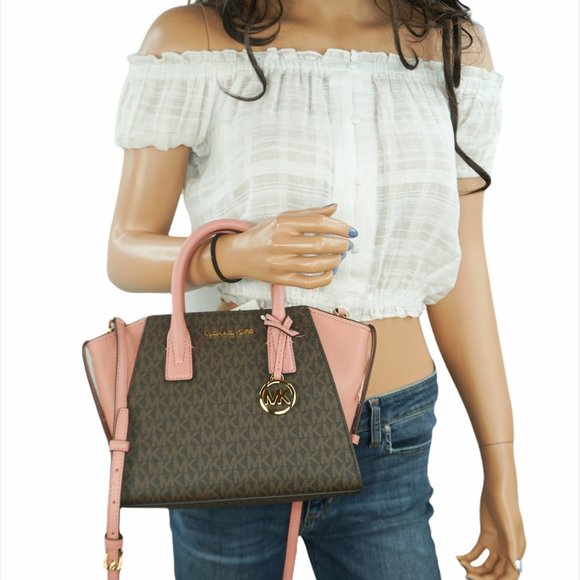 Michael Kors Avril Small Satchel Shoulder Crossbody Bag MK Brown Sunset Rose - Picture 1 of 14